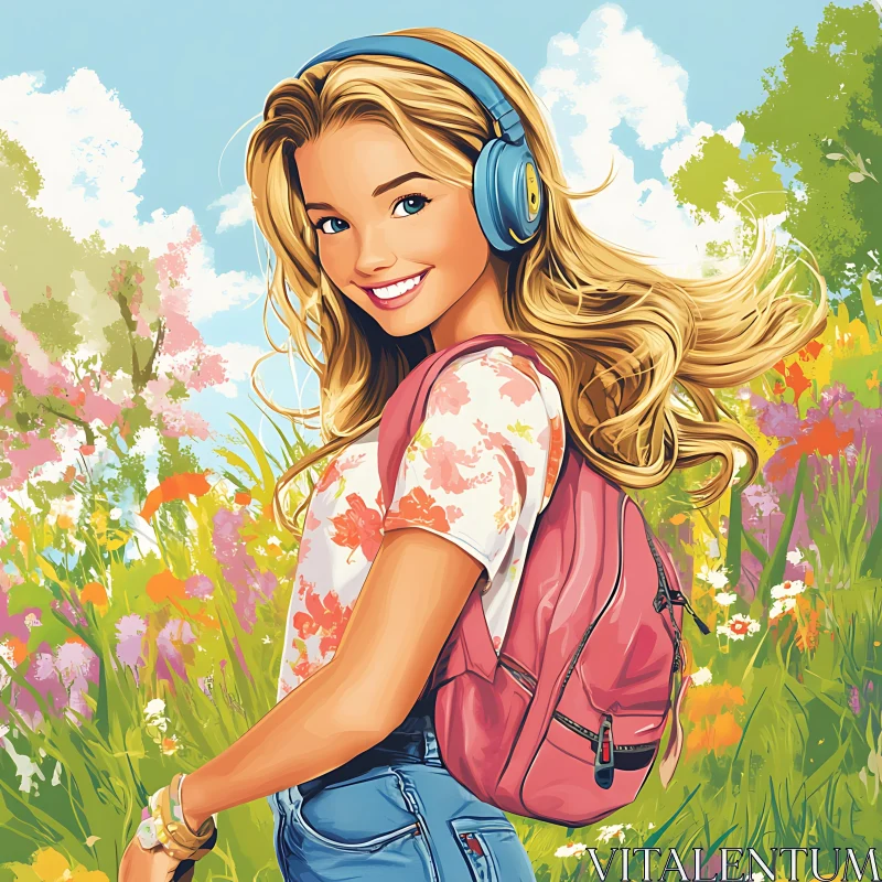 Girl with Headphones in Flower Field AI Image