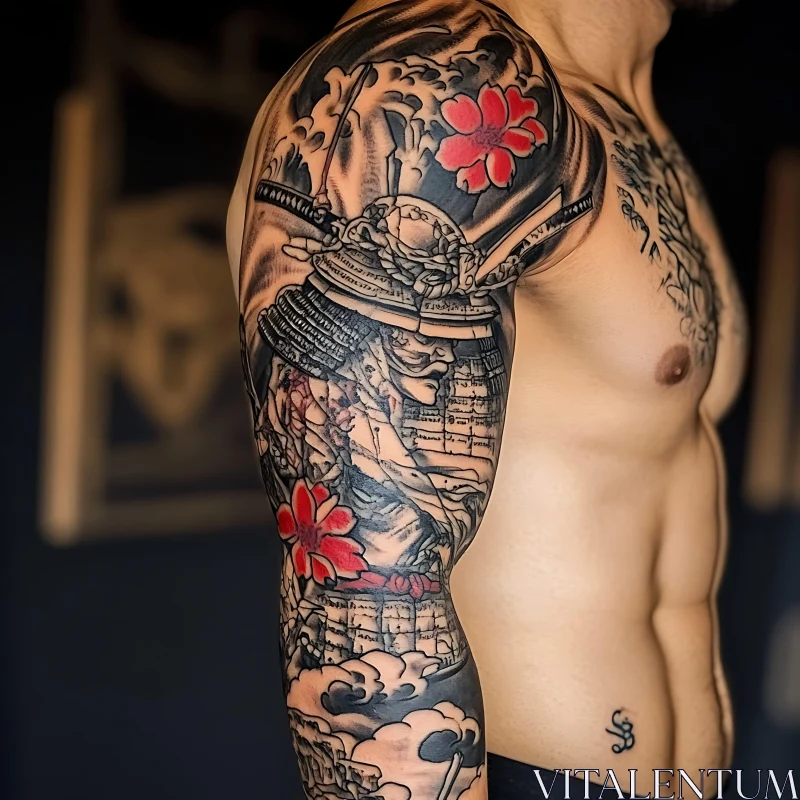 Samurai Arm Tattoo with Red Flower Accents AI Image