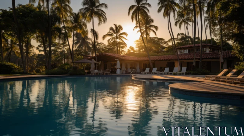 Captivating Sunset Scene by the Poolside | Tranquil Palm Trees and Lounge Chairs AI Image