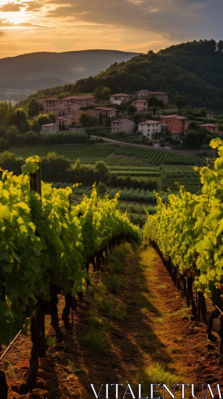 Captivating Vineyards at Sunset: A Tranquil Nature Scene AI Image