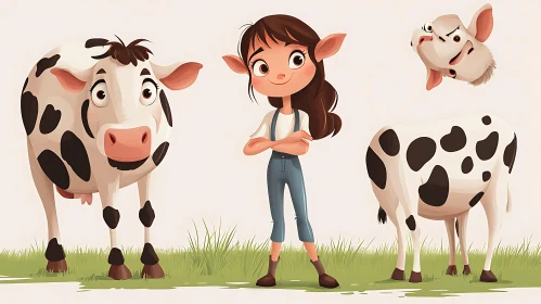 Girl and Cows Cartoon Illustration