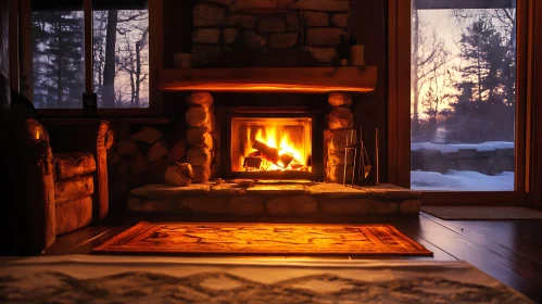 Cozy Fireplace Scene with Snowy View