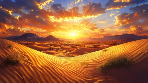 Desert Sunset with Golden Sand Dunes and Distant Mountains