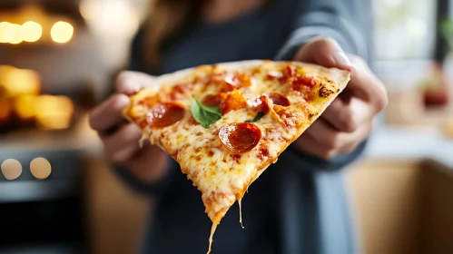 Appetizing Pepperoni Pizza Slice in Hand