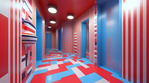 Red and White Hallway with Blue Accents