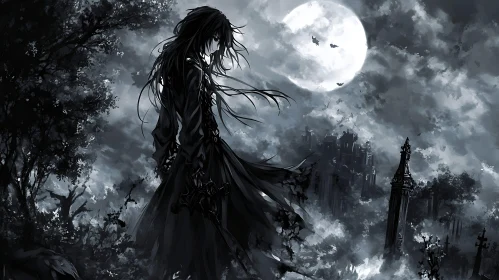 Gothic Anime Character in Moonlight
