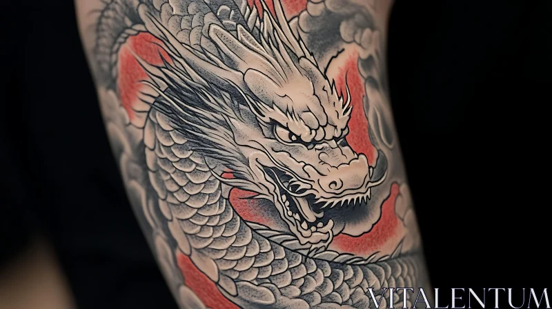 Dragon Tattoo with Black, Grey, and Red Ink Details AI Image