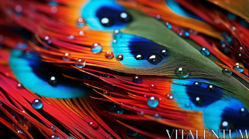 Intricate Beauty of Water-Droplet Covered Peacock Feathers AI Image