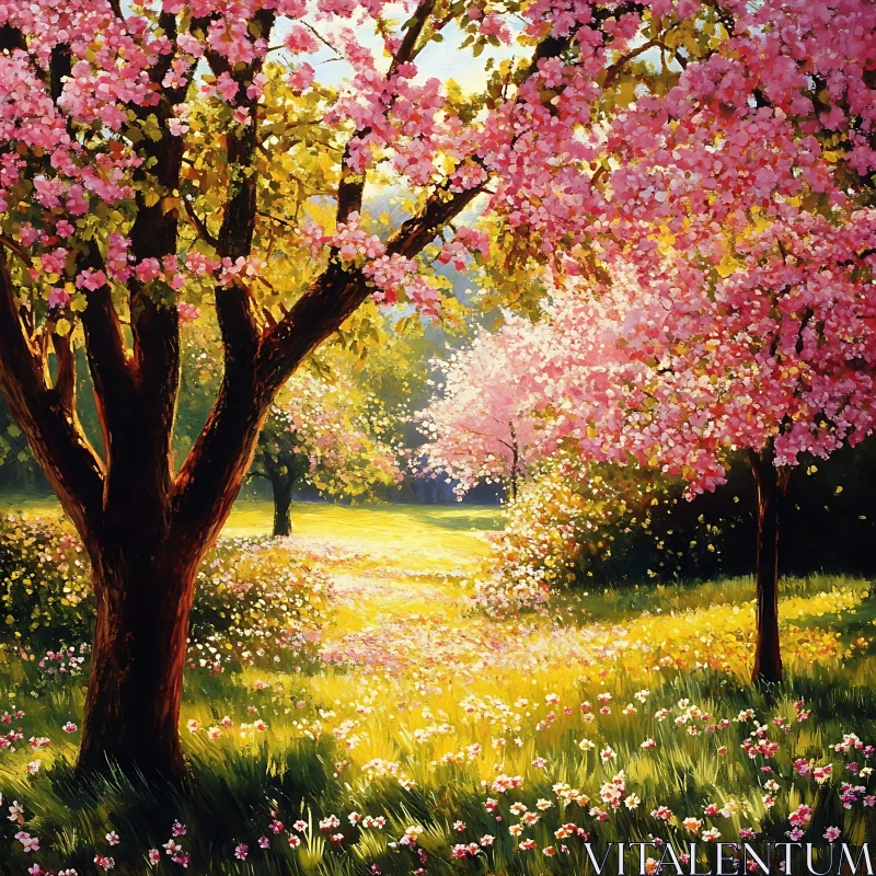 Floral Meadow with Pink Blossoms AI Image