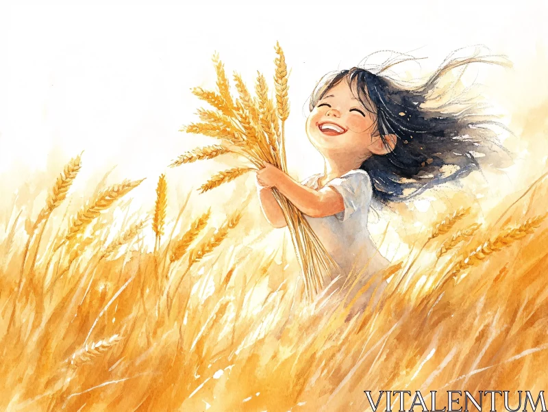 AI ART Watercolor Painting of Girl with Wheat