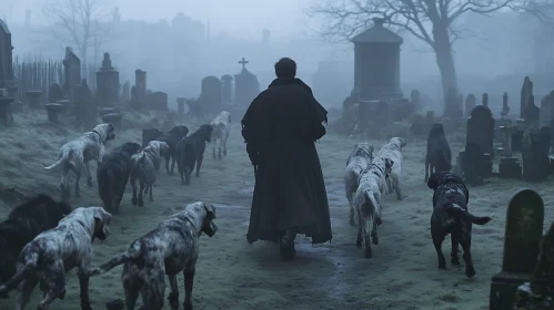 Misty Graveyard Scene with Figure and Dogs