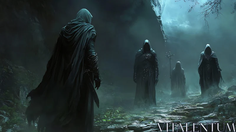 Mysterious Cloaked Figures Amidst the Mist AI Image