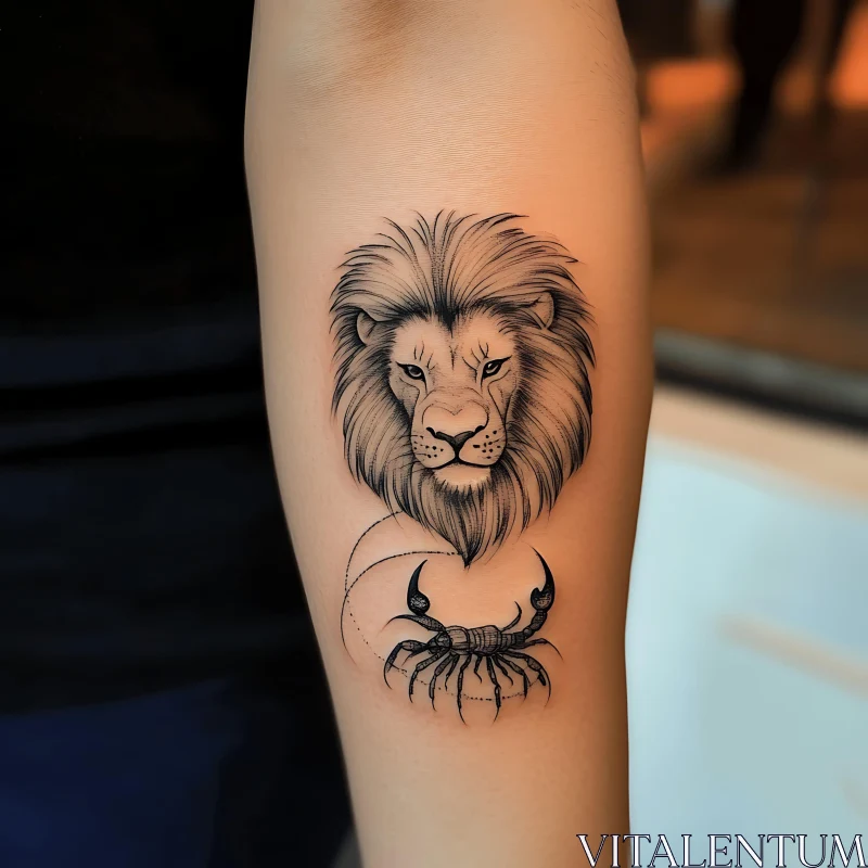 Black Ink Arm Tattoo of Lion and Scorpion AI Image