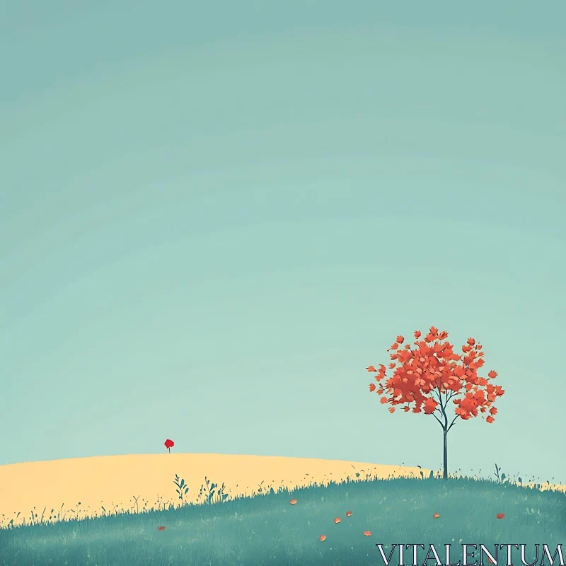 AI ART Serene Autumnal Vista with Two Solitary Trees