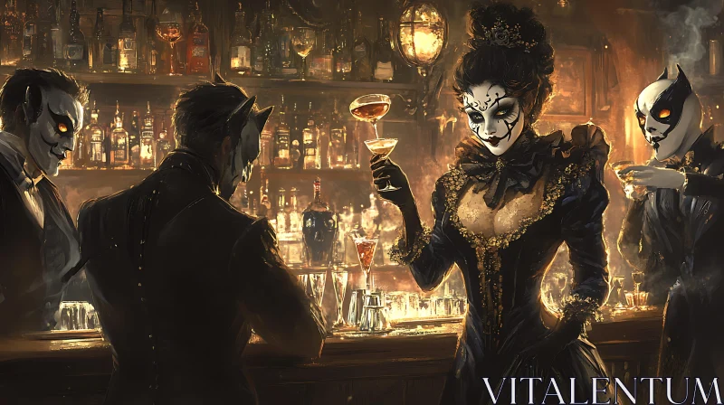 Elegant Masked Party in a Classic Bar AI Image