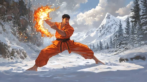 Man with Fire in Snowy Mountains