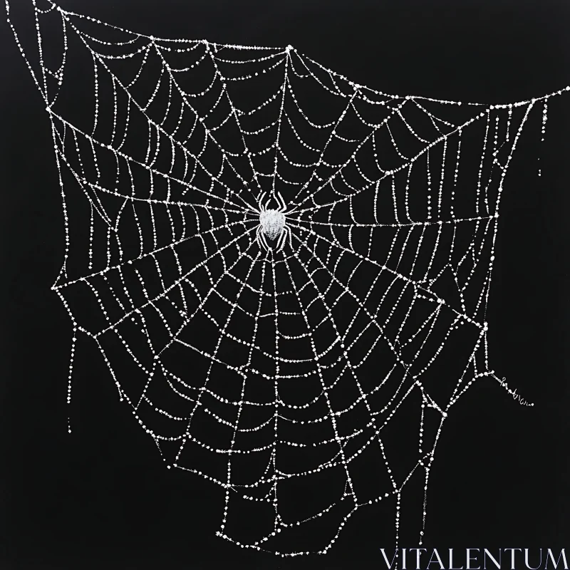 AI ART Spiderweb with Dewdrops on Black Background