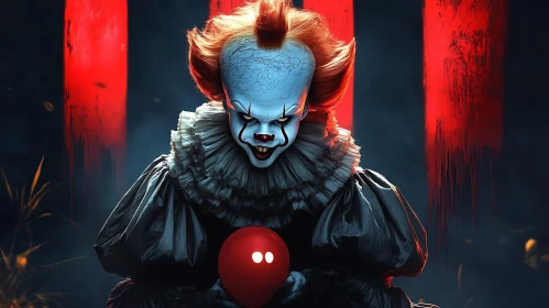 Sinister Clown Holding Red Balloon