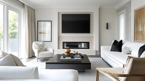 Minimalist White Living Room with Fireplace