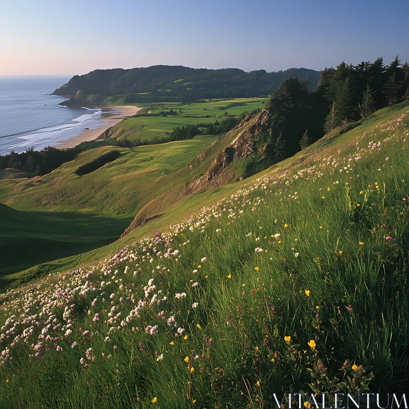 Green Hills and Ocean Landscape AI Image