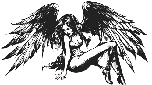 Winged Angel in Black and White