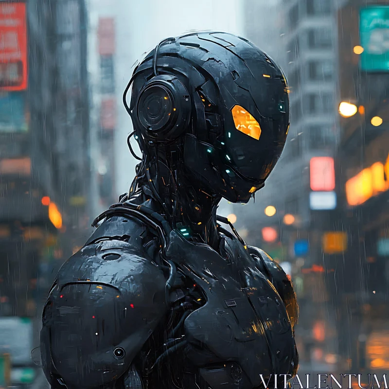 Technological Cyborg in Urban Rain AI Image