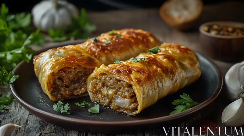 Gourmet Meat Pastries with Fresh Herbs AI Image