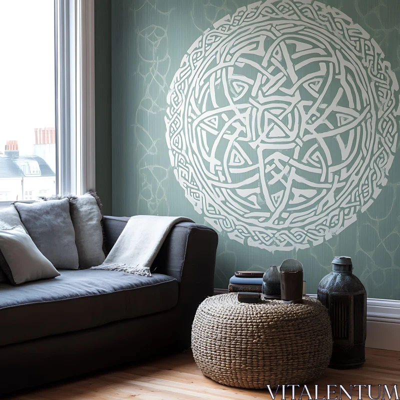 Comfortable Living Room with Intricate Wall Art AI Image