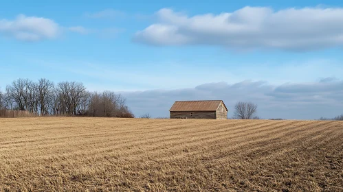 Old Barn in Field Under Blue Sky