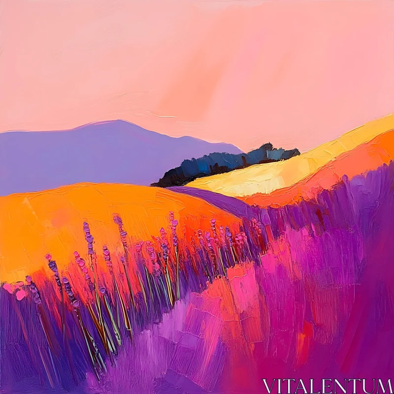 Colorful Lavender Field Under Pink Sky AI Image