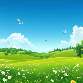 Peaceful Landscape: Birds Flying over Green Field