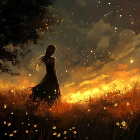 Serene Sunset Field with Woman