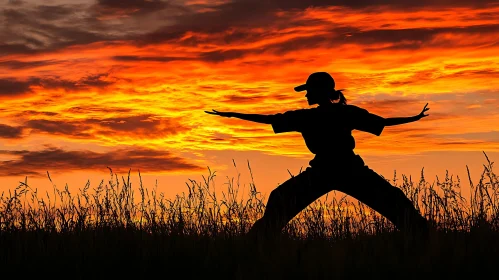 Sunset Silhouette Woman in Martial Arts Pose