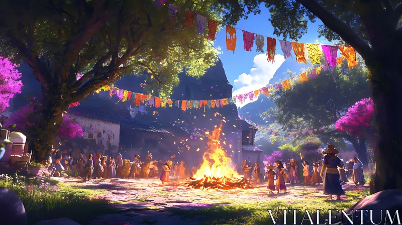 Village Celebration Around Bonfire AI Image