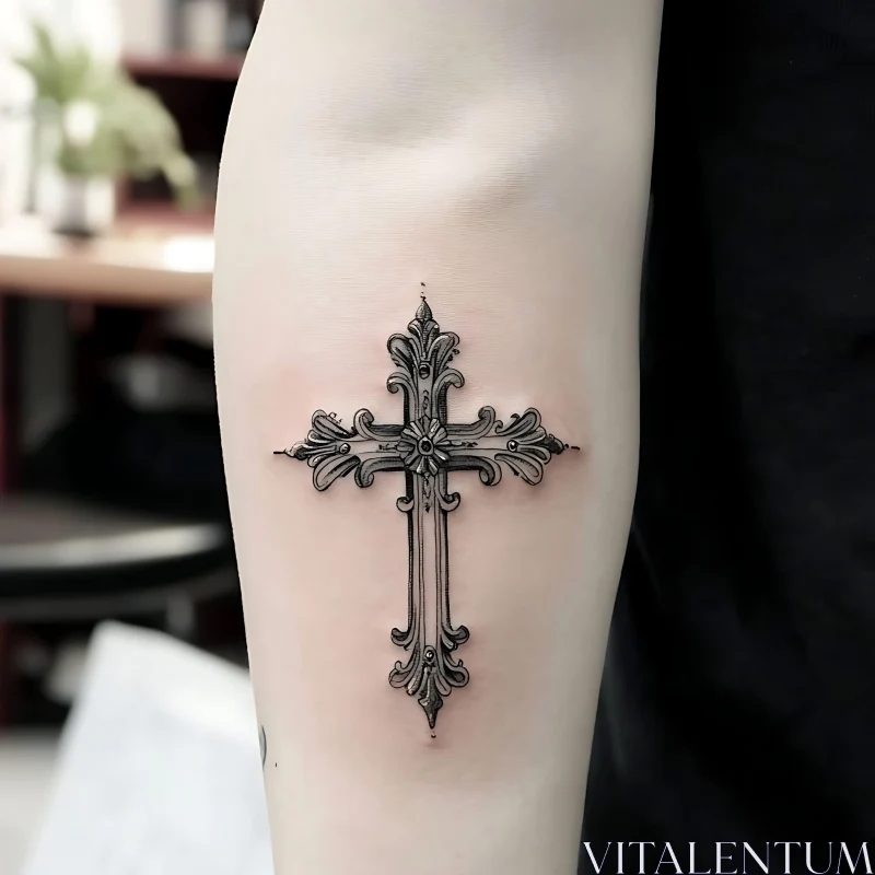 Ornate Cross Tattoo on Inner Arm in Black Ink AI Image