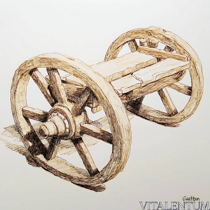 Vintage Wooden Wheel Cart Drawing AI Image