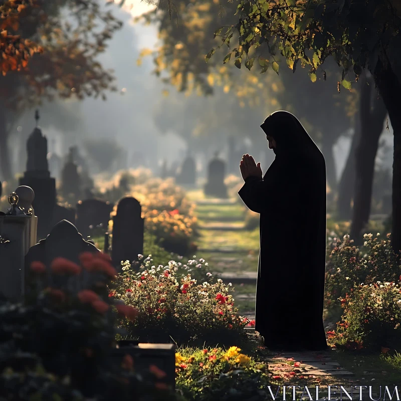 Silhouette in Prayer at Cemetery AI Image