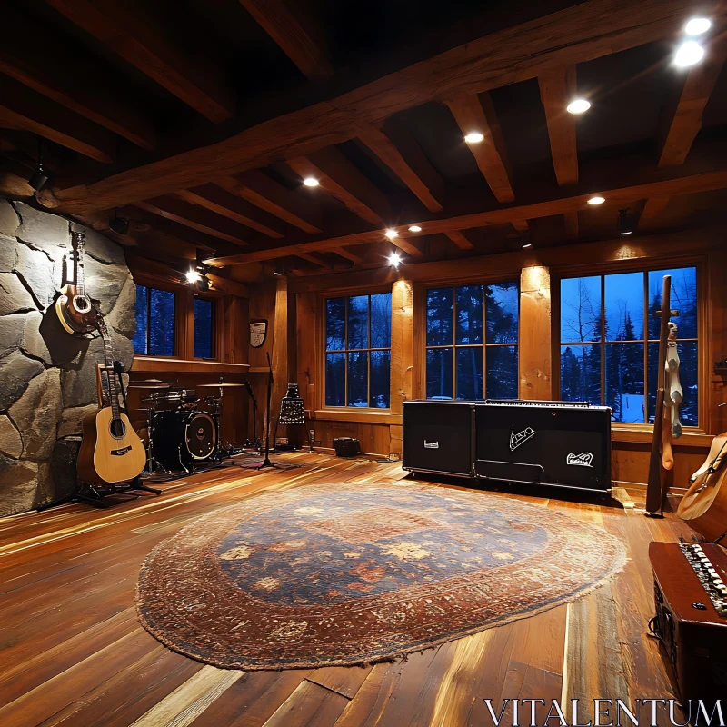 AI ART Warm Wooden Music Room with Instruments