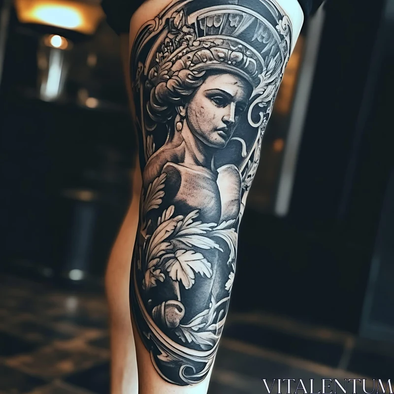 Ornate Classical Portrait Tattoo on Leg AI Image