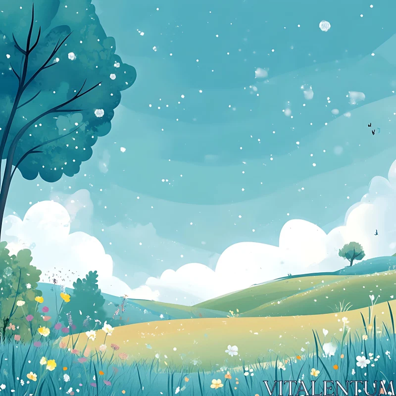 AI ART Peaceful Meadow with Flowers and Sky