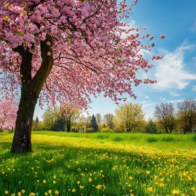 Spring Meadow with Cherry Blossom Tree