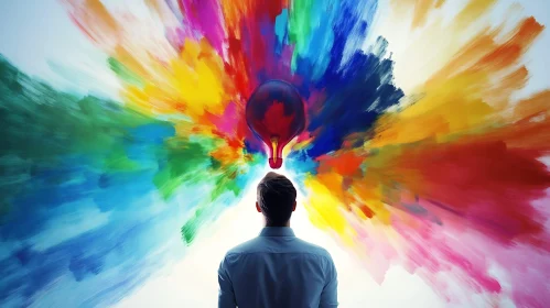 Man Staring at Colorful Explosion Art