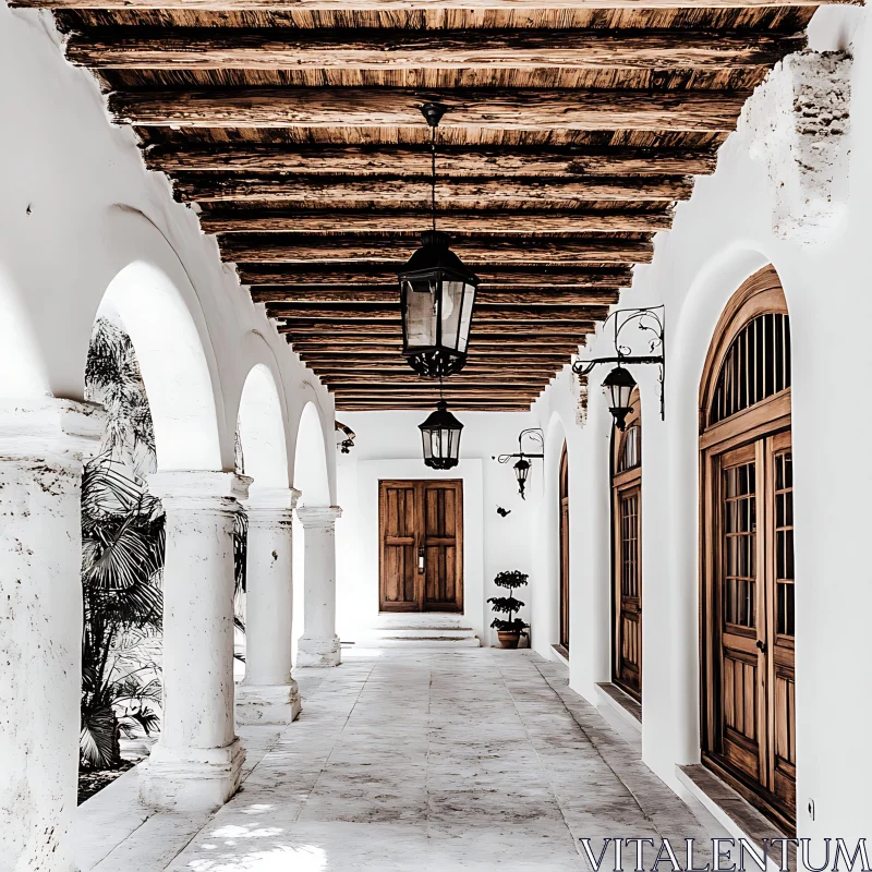 Arched Hallway with Wooden Beams AI Image