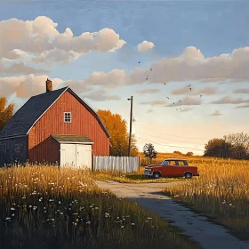 Rural Landscape with Red Barn and Classic Car