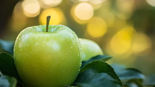 Green Apple with Dew on Leaves