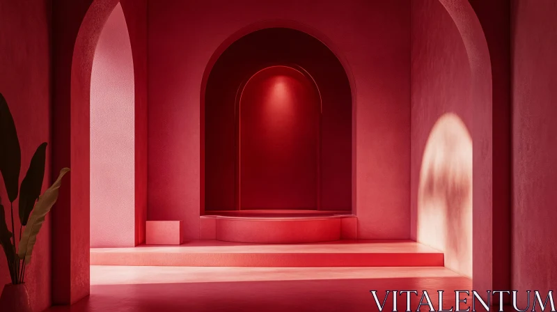 AI ART Monochromatic Red Room with Arches