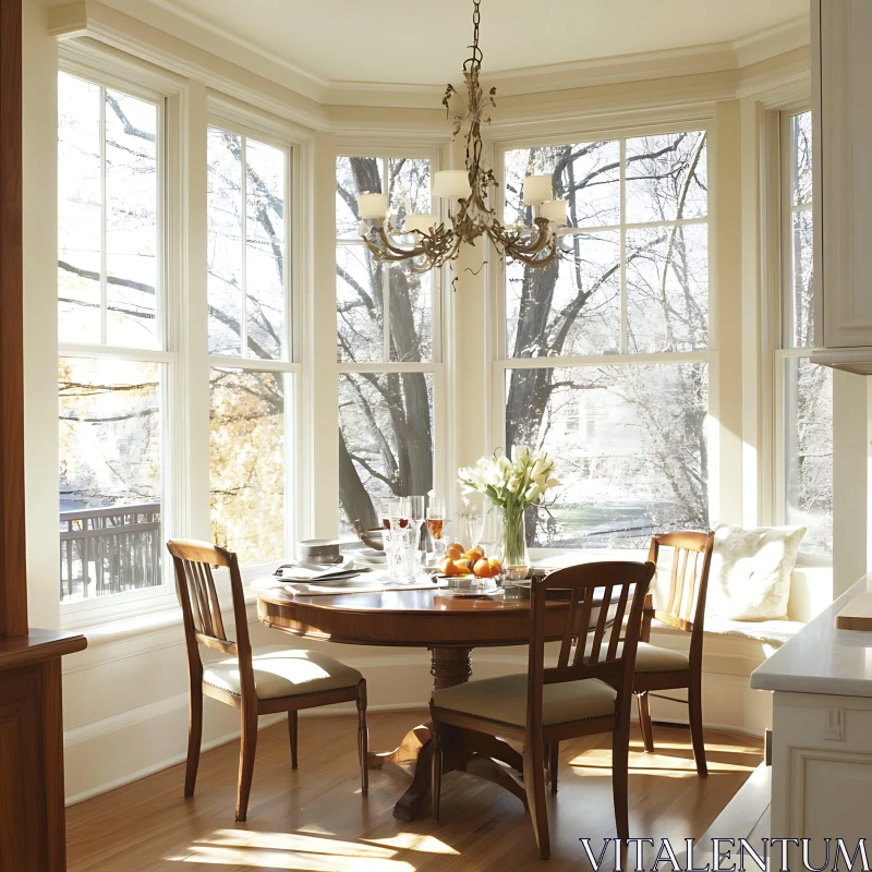 Sunlit Breakfast Nook with Bay Window View AI Image