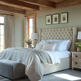 Neutral Bedroom with Tufted Headboard and Natural Light