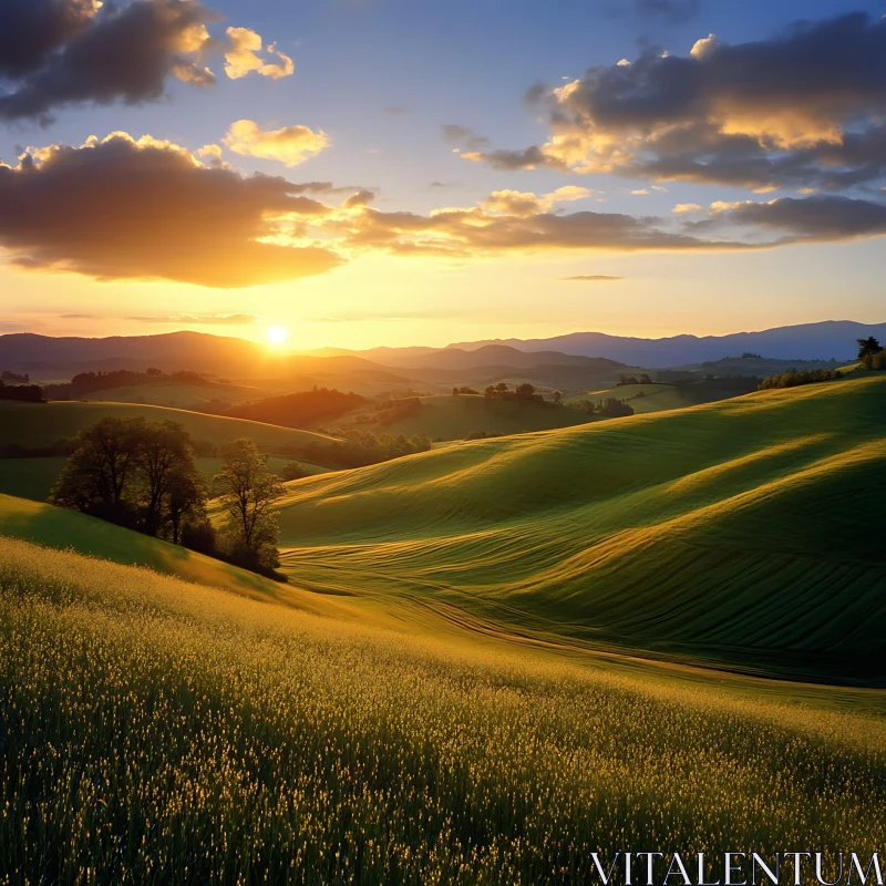 AI ART Golden Hour Landscape: Serene Hillside View