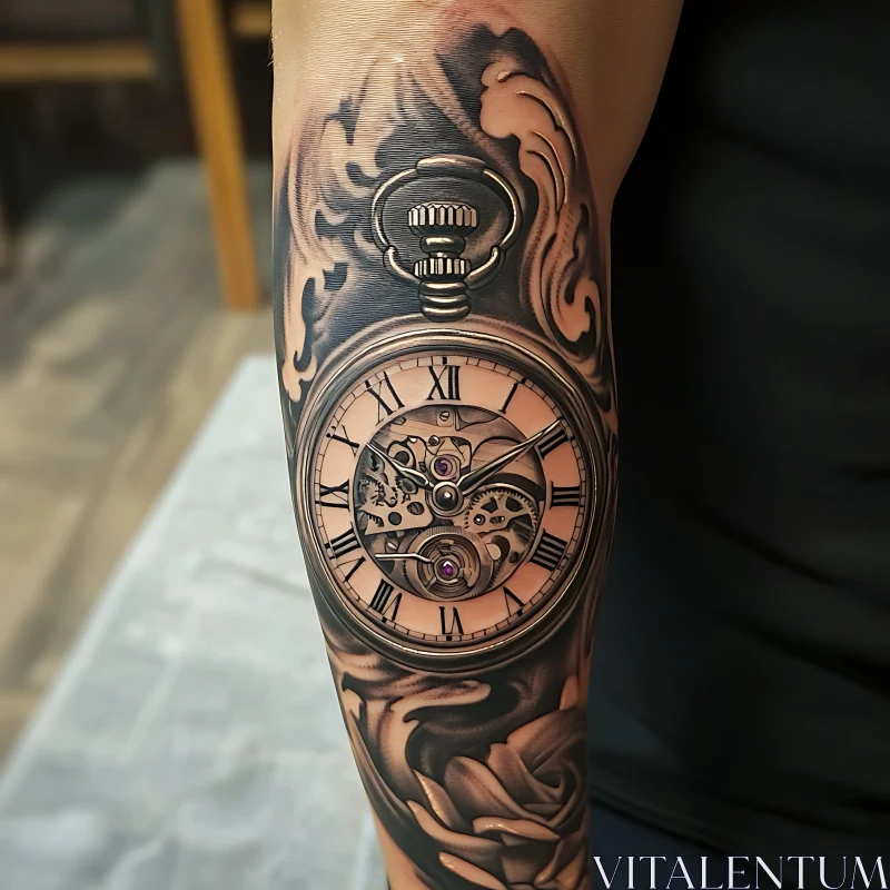 Intricate Vintage Watch Tattoo Design AI Image